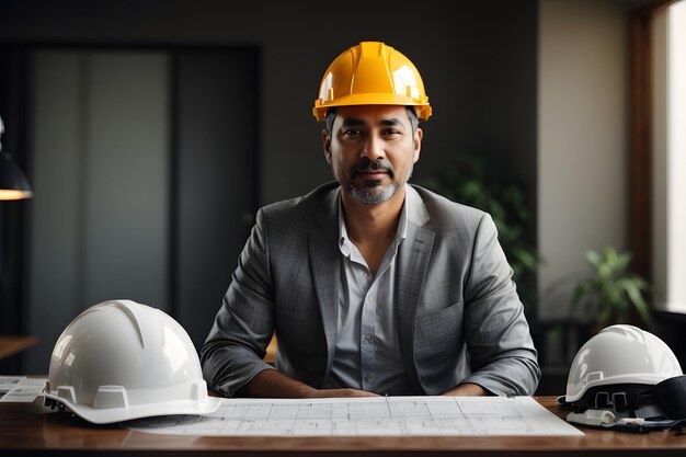 Retrato de engenheiro arquiteto profissional olhando para a câmara com plano de projeto de capacete de segurança e h