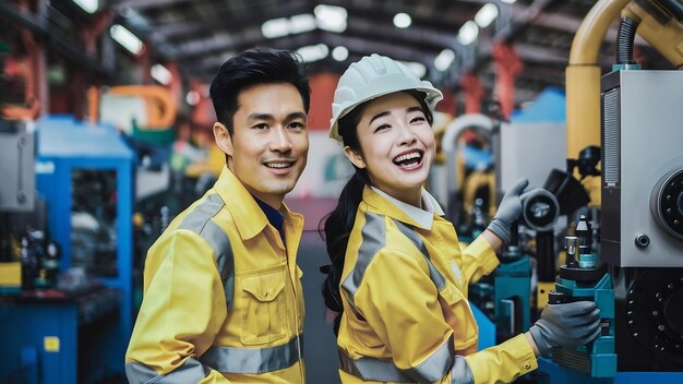 Retrato de engenheiro asiático homem técnico feminino em uniforme seguro de pé e virar para olhar