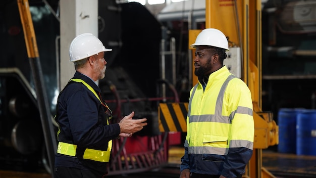 Retrato de engenheiro e aprendiz na oficina de instalações de engenharia ferroviária