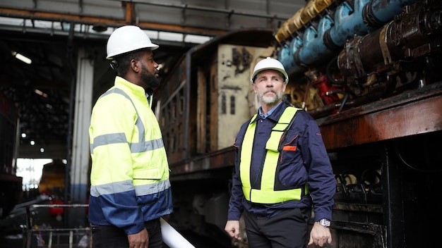 Retrato de engenheiro e aprendiz na oficina de instalações de engenharia ferroviária