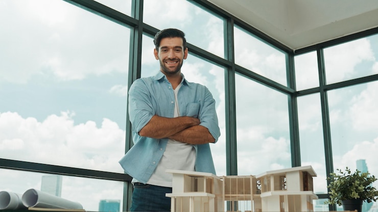 Foto retrato de engenheiro habilidoso sorrindo para a câmera enquanto cruza os braços tracery