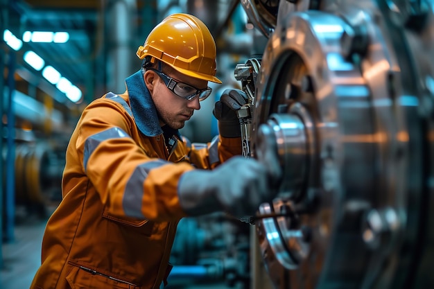 Retrato de engenheiro hidráulico verificando nova máquina de instalação com um grande espaço de cópia IA generativa