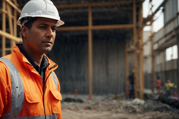 Foto retrato de engenheiro masculino usando capacete de segurança e colete reflexivo no canteiro de obras