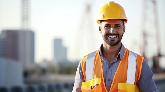 Retrato de engenheiro profissional sorridente usando uniforme de segurança e capacete