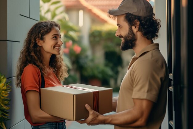 Retrato de entregador indiano feliz com boné vermelho e camiseta segura caixa de papelão isolada no fundo bege do estúdio Courier ou conceito de serviço de encomendas