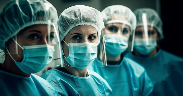 Retrato de equipe médica multicultural vestindo uniforme e máscaras faciais dentro do hospital