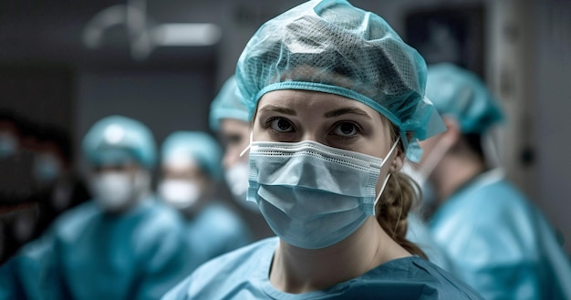 Retrato de equipe médica multicultural vestindo uniforme e máscaras faciais dentro do hospital