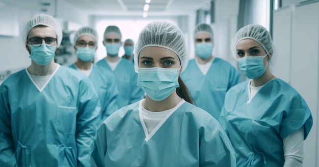 Retrato de equipe médica multicultural vestindo uniforme e máscaras faciais dentro do hospital