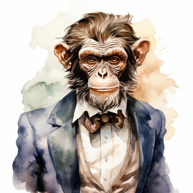 Retrato de estilo aquarela de um macaco em um terno à moda com fundo branco
