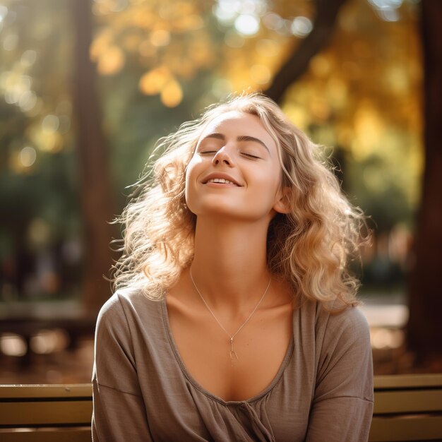 Foto retrato de estilo de vida atmosférico ao ar livre de uma jovem e bela senhora outono quente