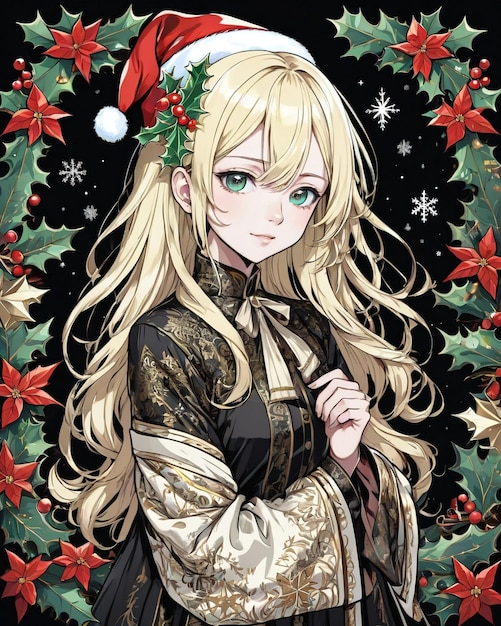 Retrato de estilo natalino de anime girl fundo preto estilo baunilha