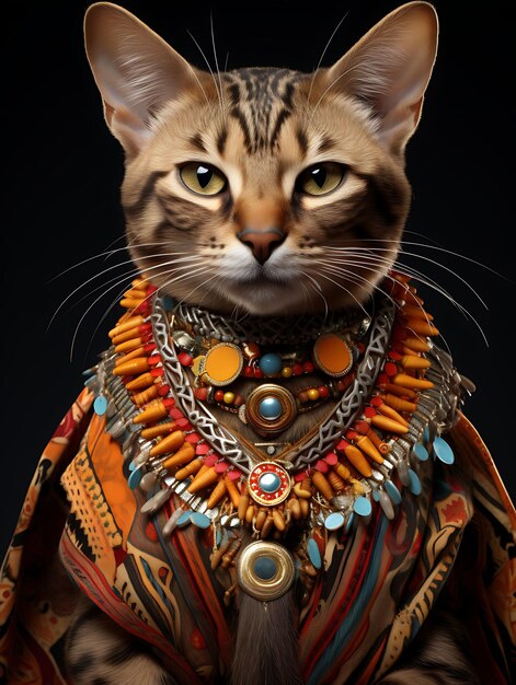 Retrato de estimação de um gato de Bengala real vestindo uma expressão confiante e um traje de aniversário de festa trib