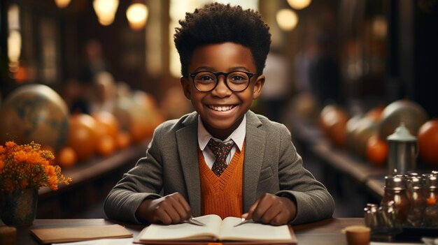 retrato de estudante afro-americano sorridente em sala de aula