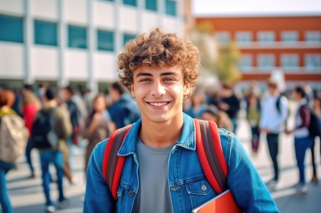 Retrato de estudante com mochila sorrindo para a câmera enquanto está ao ar livre com IA generativa