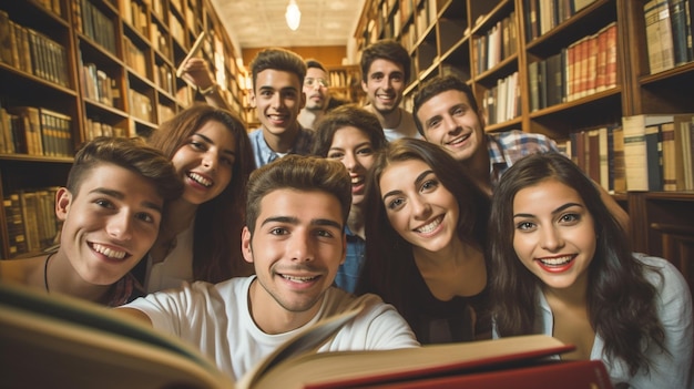 retrato de estudantes a tirar uma selfie na biblioteca