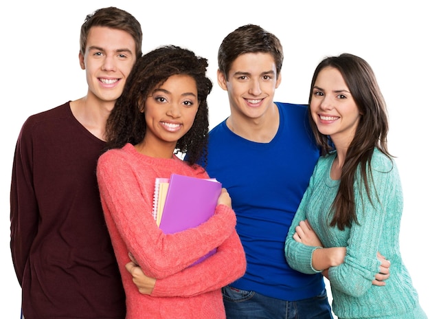 Retrato de estudantes felizes juntos na faculdade