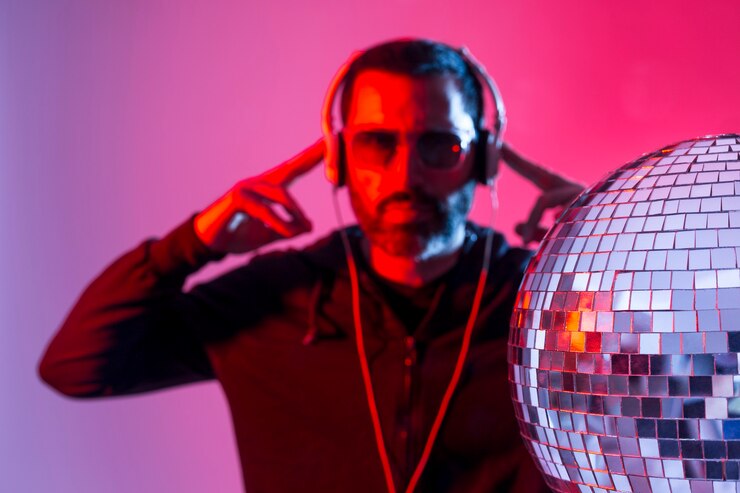 Foto retrato de estúdio colorido de um dj barbudo com fones de ouvido e óculos de sol contra um fundo vermelho e azul.