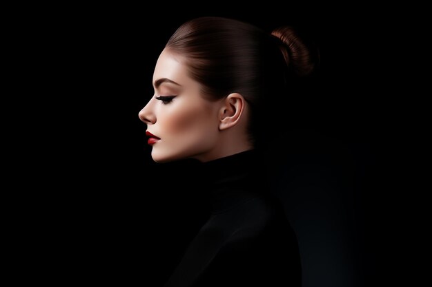 Retrato de estúdio de arte de moda de mulher elegante e bonita em colarinho preto Cabelo de feixe alto rosto de perfil perfeito Estilo de beleza elegante