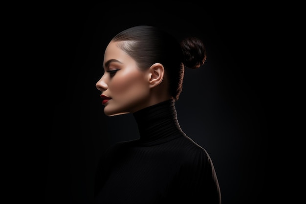 Retrato de estúdio de arte de moda de mulher elegante e bonita em colarinho preto Cabelo de feixe alto rosto de perfil perfeito Estilo de beleza elegante