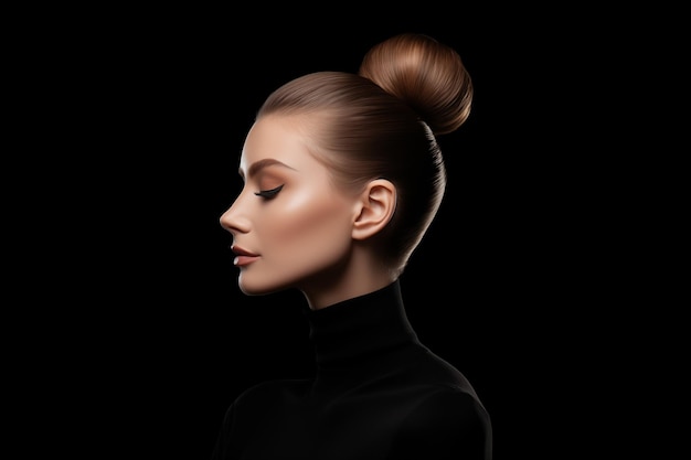 Retrato de estúdio de arte de moda de uma linda mulher elegante com gola alta preta Cabelo alto perfil perfeito rosto Estilo de beleza elegante