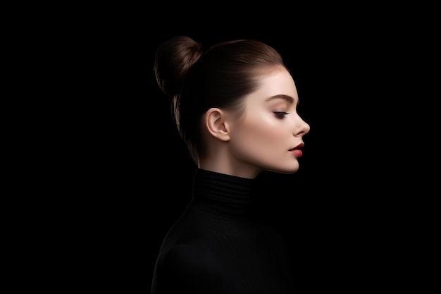 Retrato de estúdio de arte de moda de uma mulher linda e elegante de colarinho preto, cabelo de farol alto, rosto de perfil perfeito, estilo de beleza elegante.