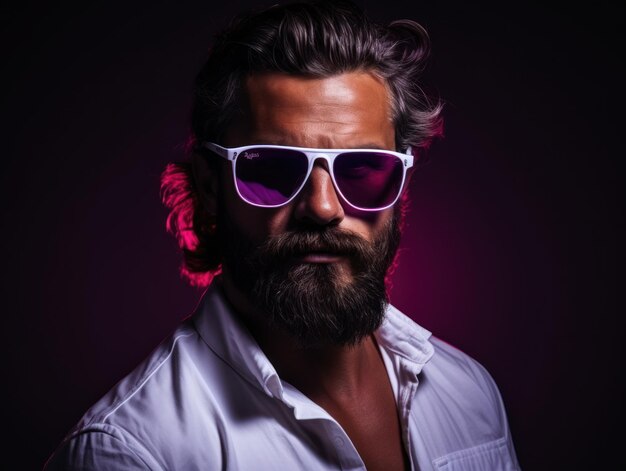 Foto retrato de estúdio de luz de néon de modelo de homem sério com bigodes e barba em óculos de sol