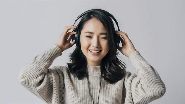 Foto retrato de estúdio de música conceito lírico yound artista asiático inteligente usar suéter ouvir fone de ouvido desfrutar mu