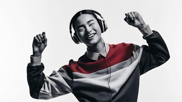 Foto retrato de estúdio de música conceito lírico yound artista asiático inteligente usar suéter ouvir fone de ouvido desfrutar mu