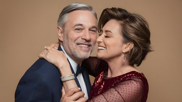 Foto retrato de estúdio de perto de um casal de meia-idade apaixonado, abraços e beijos felizes juntos, glamour à noite.