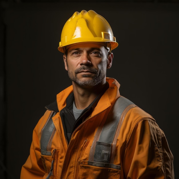 Foto retrato de estúdio de trabalhador da construção civil contra o conceito de construção de pano de fundo preto