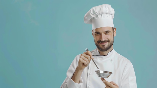 Foto retrato de estúdio de um belo jovem chef de uniforme branco e toque segurando uma chaleira e sorrindo para a câmera contra um fundo azul