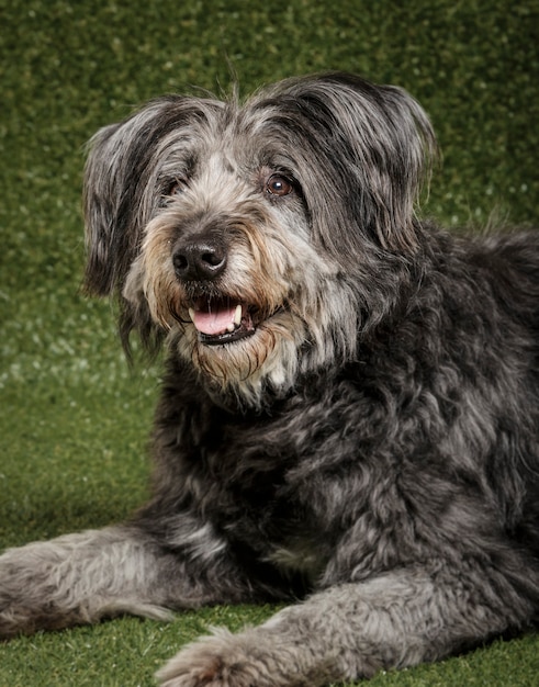 Retrato de estúdio de um expressivo cão pastor catalão chamado Gos d'Atura contra um fundo verde