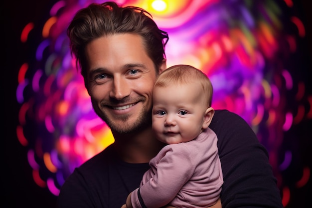 Retrato de estúdio de um homem bonito segurando um bebê em suas mãos em um fundo de cores diferentes