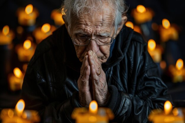 retrato de estúdio de um homem sênior orando bandeira em velas negras queimando no fundo