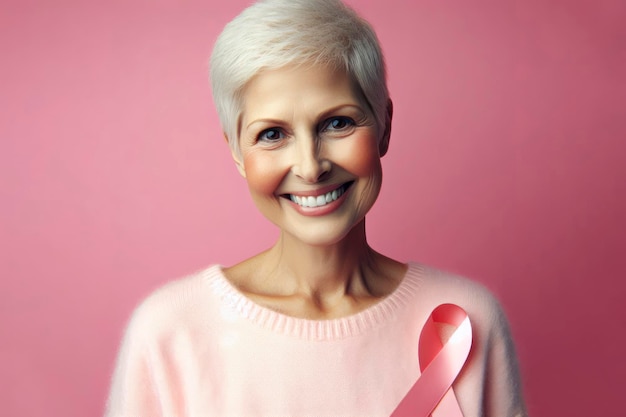 Retrato de estúdio de um paciente com câncer feliz contra um fundo rosa ai generativo