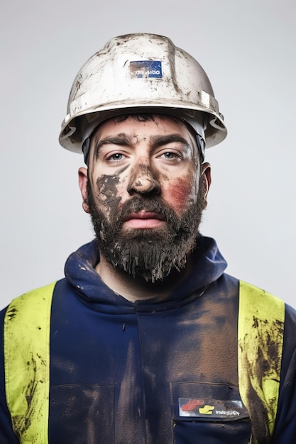 Retrato de estúdio de um trabalhador com capacete branco sujo de terra e barba olhando para a câmera