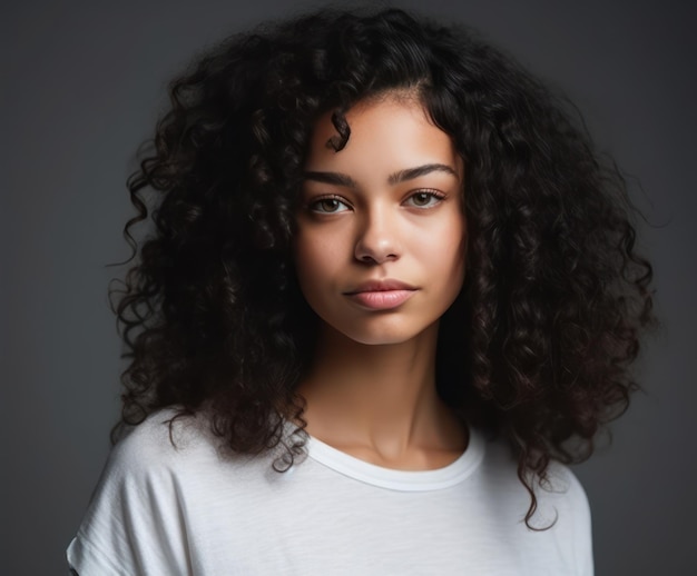 Retrato de estúdio de uma bela jovem com cabelo encaracolado preto menina de raça mista vestindo camiseta branca olhando para cima isolado no fundo cinza pessoas estilo de vida conceito de beleza