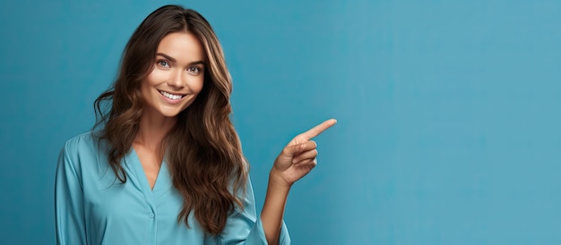 Retrato de estúdio de uma garota atraente em camisola com cabelo longo e bonito, apontando o dedo para o espaço da cópia em fundo azul