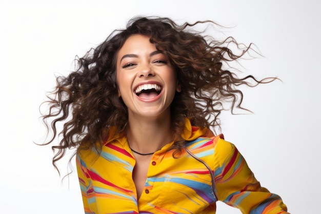 retrato de estúdio de uma jovem hispânica sorridente vestindo roupas casuais brilhantes