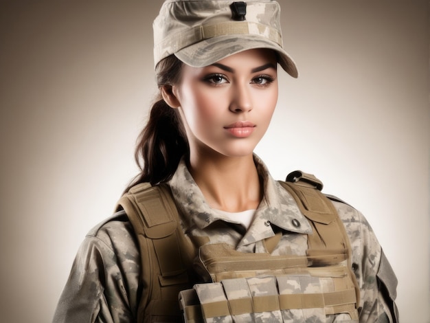 Retrato de estúdio de uma jovem soldada em uniforme militar contra o fundo do estúdio