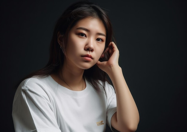 Retrato de estúdio de uma linda mulher asiática em camiseta branca e suporte sobre fundo liso ai gener