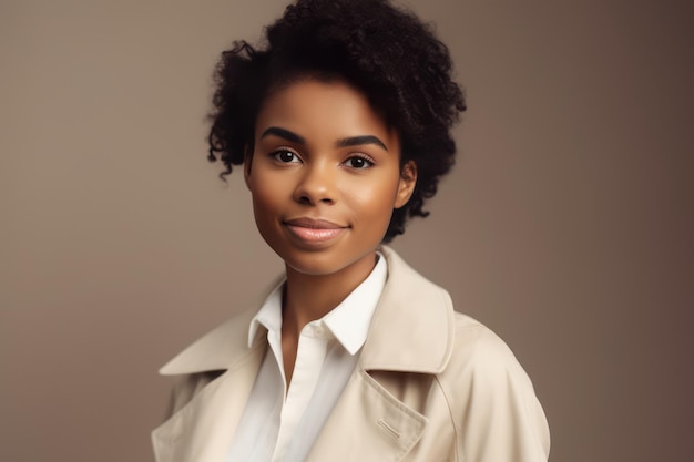 Retrato de estúdio de uma mulher de negócios negra confiante e bem-sucedida, linda jovem de jaqueta branca sorrindo para a câmera em pé isolada em um fundo de espaço de cópia de cor bege sólida em branco