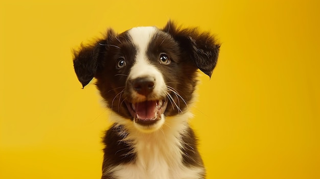 Retrato de estúdio engraçado de um cachorrinho sorridente isolado em um ba amarelo