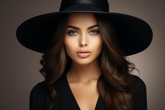Retrato de estúdio escuro dramático de jovem elegante e sexy com chapéu largo preto e vestido preto
