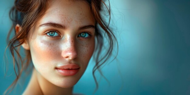 Retrato de estúdio sereno de uma jovem beleza com um look de maquiagem fresca que exala confiança e autenticidade