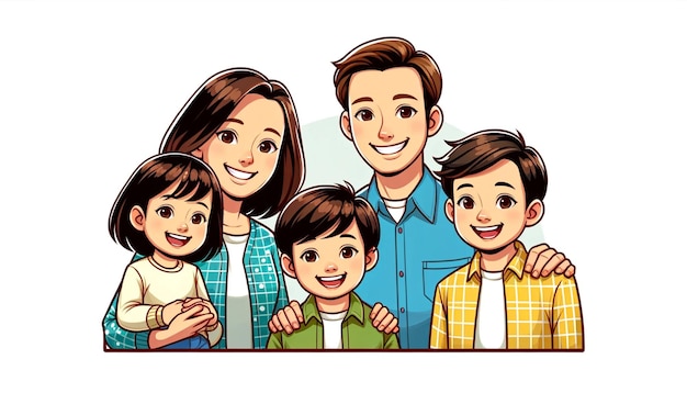 retrato de família de desenho animado feliz A família consiste em um pai e uma mãe com seus filhos