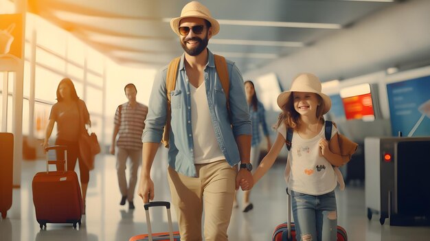 Foto retrato de família de expressão feliz viajante no aeroporto ai gerado