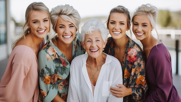 Foto retrato de família de três gerações femininas linda garota abraçando fortemente a amada mãe e a avó mãe e