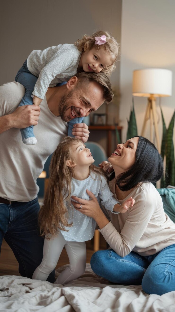 Foto retrato de família divertida pais ou menina brincando no quarto da casa para homem mulher ou menina em família feliz smi