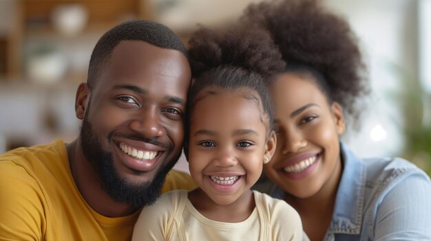 Retrato de família feliz com pais sorridente e filho em um ambiente caseiro aconchegante